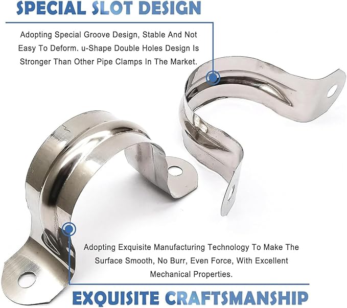 50 Pack 2-1/2 Inch 63mm U Bracket Rigid Pipe Strap Clamp, Two Hole Strap U Tube Pipe Conduit Clamp Clip for Pipe Fixing