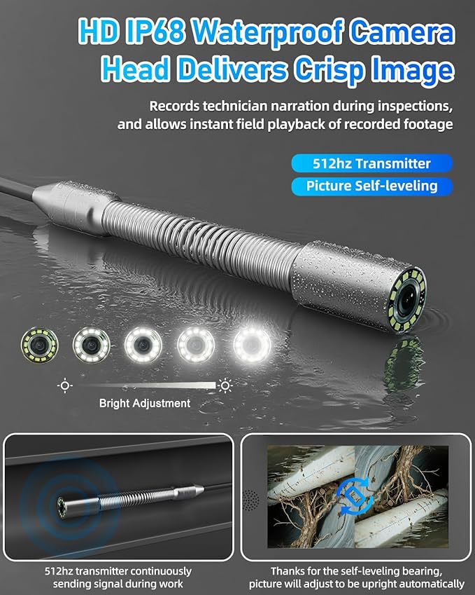 Sanyipace Self-Leveling Sewer Camera 100FT/30M with Wheels and Retractable Handle, Drain Camera with 512Hz Transmitter, Distance Counter, Microphone Speaker Keyboard, 10" Color Screen, 32GB TF Card