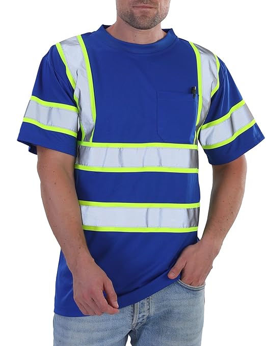 sesafety High Visibility Shirts for Mens Class 3 Hi Vis Reflective Construction Shirts for Men with Pocket Safety T Shirts for Men Work Shirt for Mens Short Sleeve Blue Yellow Strips L