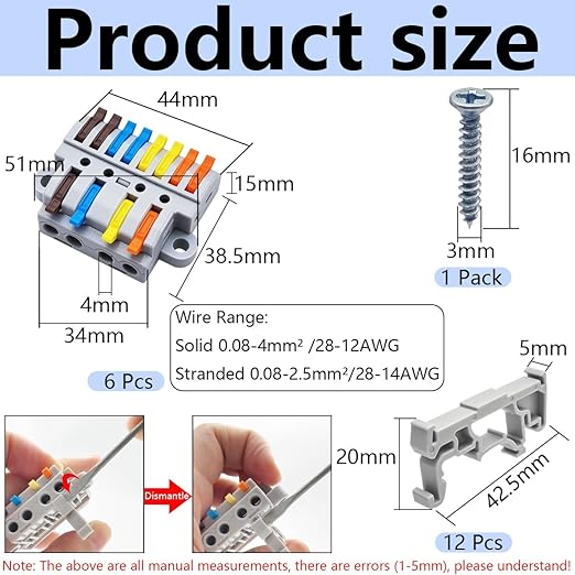 4-in-8-out Lever Terminal Block Kit, Quad Input to Eight Output Splicing Connectors, DIN Rail/Screw Fix, 28-12AWG Conductor, 6 Pack with Mounting Hardware