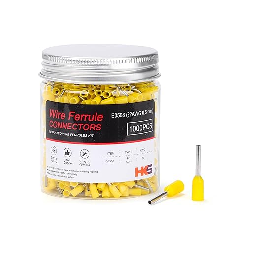 HKS 1000PCS Wire Ferrule Connectors - AWG 22-0.5mm² Copper Barrel Pin Cord Ends Insulated Ferrules Terminals - E0508 Yellow