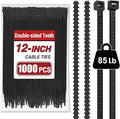 Zip Ties Heavy Duty 12 inch (1000 Pack), Double-sided Toothed, 85 lb, Delivering 1.7X Tensile Strength in the Same Specs, Black Cable Ties, Glufirm