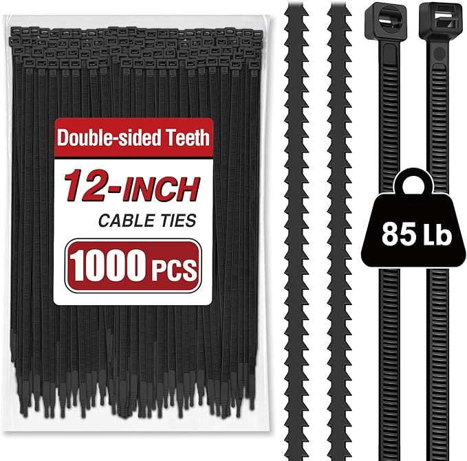 Zip Ties Heavy Duty 12 inch (1000 Pack), Double-sided Toothed, 85 lb, Delivering 1.7X Tensile Strength in the Same Specs, Black Cable Ties, Glufirm