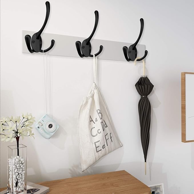 IBosins 14 Pack Big Heavy Duty Triple Coat Hooks Wall Mounted with 28 Screws, Black Retro Three Prongs Wall Hooks Utility Rustic Hooks for Coat, Bag, Towel, Umbrella