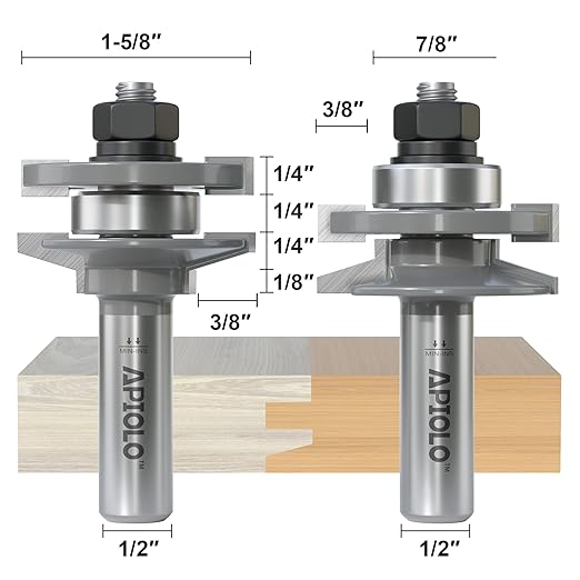 Professional 2PCS Bevel Style Rail and Stile Router Bits Set 1/2 Inch Shank, 3/8 Inch Cutting Depth, Up to 7/8 Inch Stock, Door Frame Shaper Cutters Raise Panel Making Router Bit Set