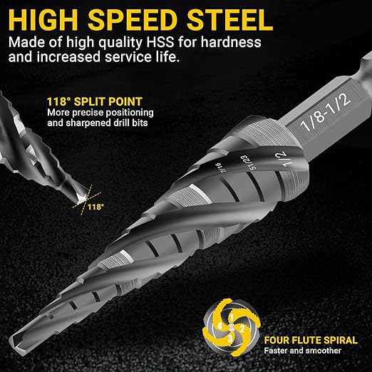 Four Spiral Flute Step Drill Bit, HSS Step Drill Bits (1/8"-1/2") Unibit Step Drill Bit, 1/4" Shank Step Bits for Aluminum, Metal, Wood, Plastic