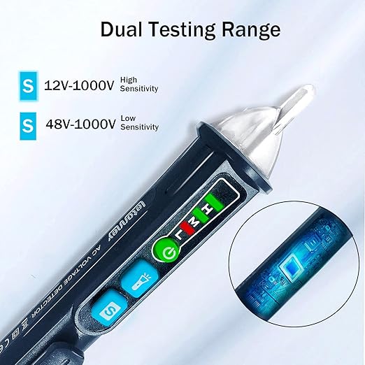 2PCS Voltage Tester, Non Contact AC Voltage Tester Pen, Breakpoint Finder, Dual Range 12V-1000V/48V-1000V, Buzzer Flashing LED Alarm, Flashlight (Blue)