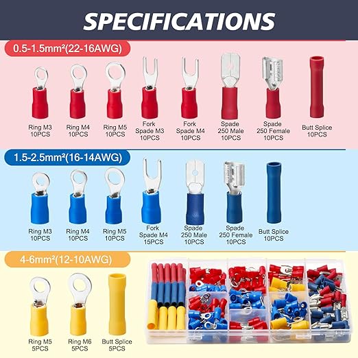 Chanzon 200pcs Insulated Crimp Wire Connector Terminal Assortment Contains Ring, Butt Splice, Spade Male & Female, Fork 22-16, 16-14, 12-10 GA Solderless Assorted Kit Electrical Crimping Tools