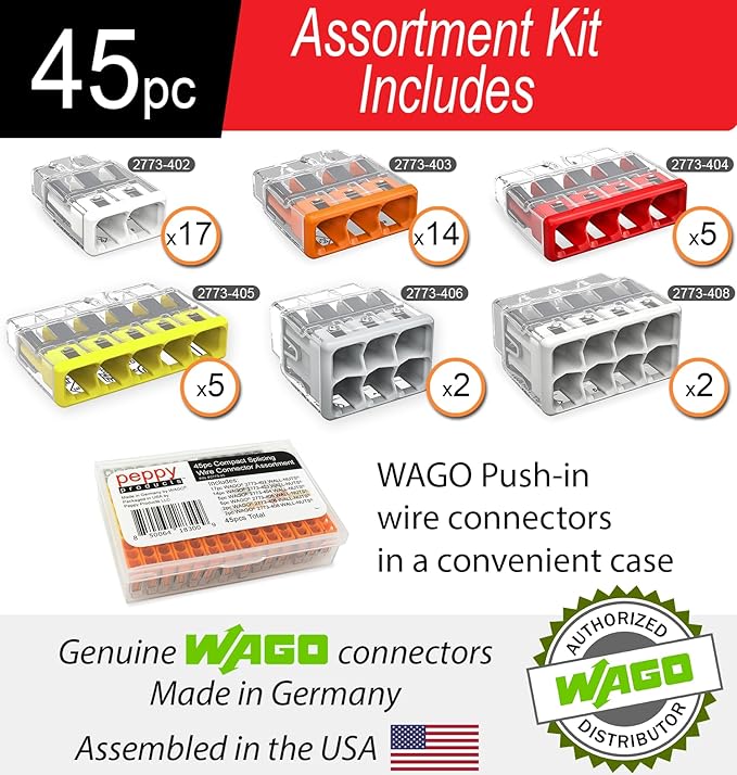 Wago 2773 Wall Nuts 45pc Push-in Wire Connector Assortment Kit with Case | Splicing for Solid and Stranded Electrical Conductors | 2773-402, 2773-403, 2773-404, 2773-405, 2773-406, 2773-408