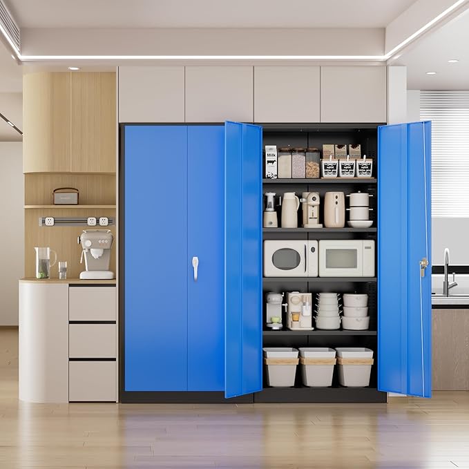 Pataku Metal Storage Cabinet, 72" Garage Cabinet with Doors and Shelves Lockable Steel Multifunctional Cabinets, File Cabinets for Home, Office, Warehouse(Black Blue)