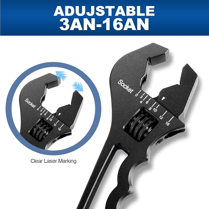 An Hose Fittings Adjustable Wrench Lightweight aluminum 3AN-16AN Adjustable Wrench An Fittings Wrench Tool For AN Hose Fitting Adapters End. (Black, Large)