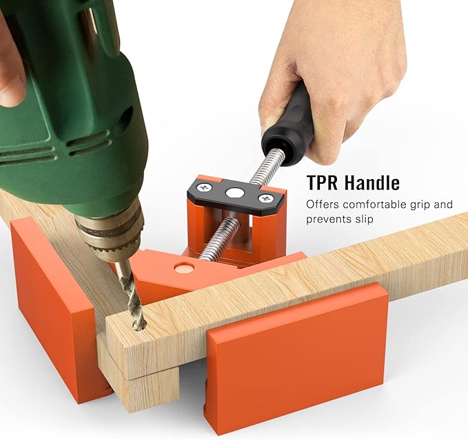 Right Angle Clamp, Housolution [4 PACK] Single Handle 90° Aluminum Alloy Corner Clamp, Right Angle Clip Clamp Tool Woodworking Photo Frame Vise Holder with Adjustable Swing Jaw - Orange