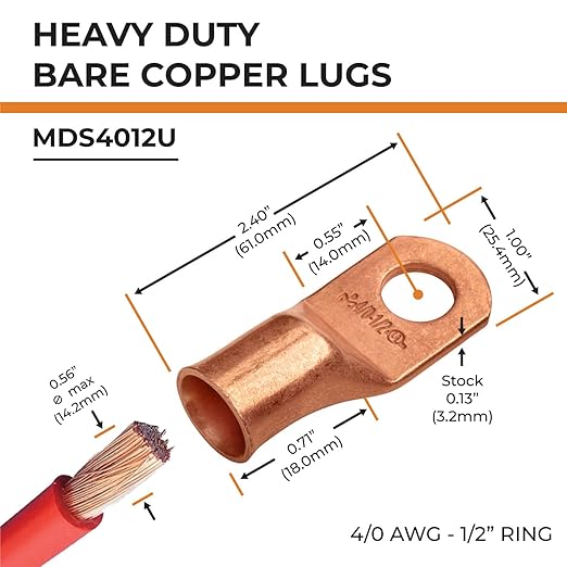 SELTERM 25pcs 4/0 AWG 1/2" Stud Battery Lugs, Ring Terminals, Heavy Duty Copper Wire Lugs, Battery Cable Ends, 0000 Gauge Ring Terminal Connectors, UL Bare Copper Eyelets Electrical Battery Cable Lugs