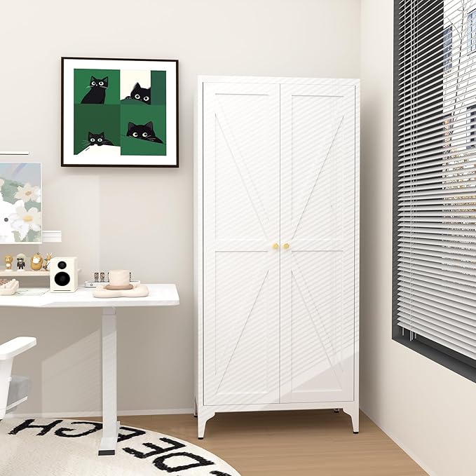 GREATMEET 65" Tall Kitchen Pantry Storage Cabinet, White Pantry Storage Cabinet, Farmhouse Metal Kitchen Cupboard with Doors for Garage, Dining Room, Living Room and Laundry