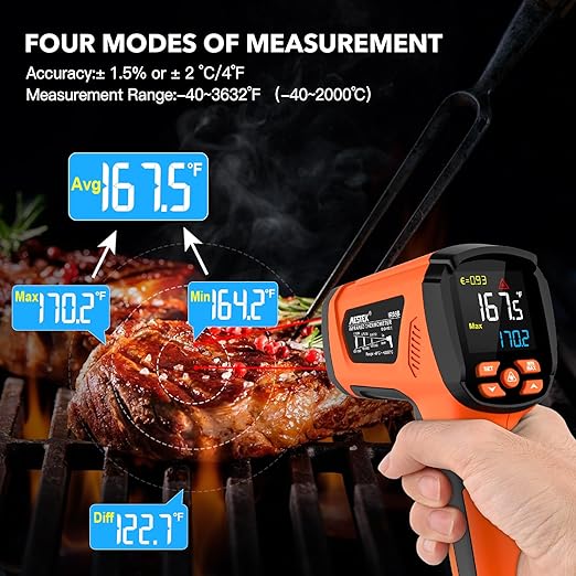 MESTEK Infrared Thermometer Temperature Gun, -40℉~3632℉, High Temp Thermometer with Thermocouple Probe, Non-Contact 50:1 Pyrometer Dual Laser Thermometer Gun for Engine, Kiln, Forging, Industrial