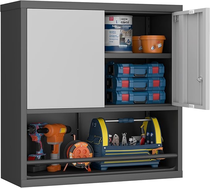 GREATMEET 31" H Garage Storage Cabinets, Lockable Storage Cabinet, Metal Wall Cabinet with Doors for Garage, Black&Grey