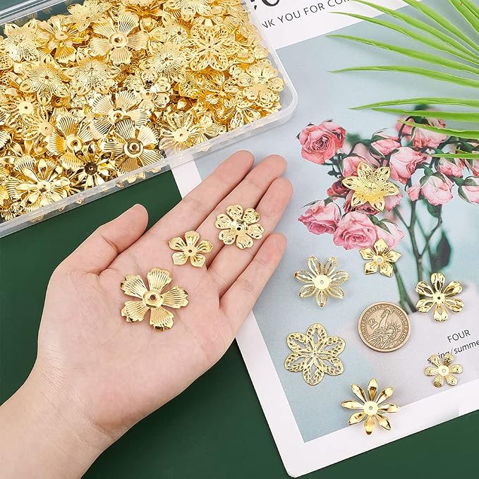 PandaHall 200pcs Flower Bead Cap, 10 Styles Bead End Caps Filigree Spacer Beads - Image 3