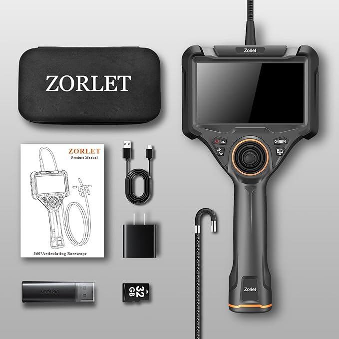 360 Articulating Borescope, 5" Monitor, 6.2mm Industrial Inspection Camera with 4-Way Joystick Articulation and 5.0FT Semi-Rigid Snake Tube, HD Endoscope for Automotive, Pipe & Equipment