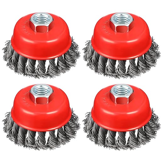4" Coarse Twisted Knotted Wire Wheel Cup Brush for Angle Grinder, 5/8 Inch-11 Threaded Arbor, 0.020" Carbon Steel Brush for Heavy Cleaning Rust, Abrasive (4)
