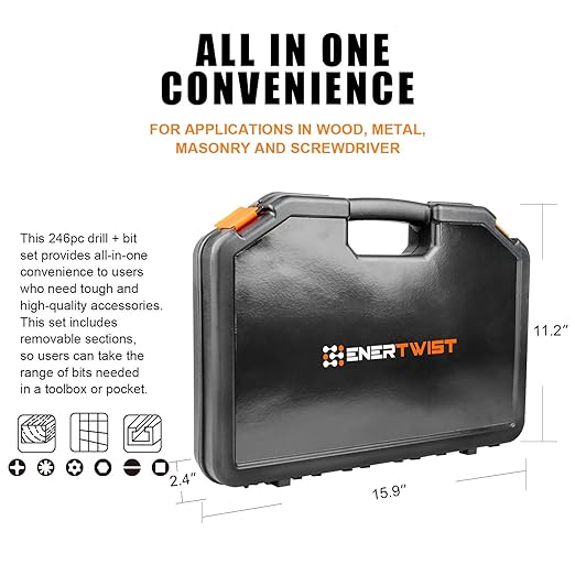 EnerTwist Drill Bit Set, 246-Pieces Drill Bits and Driver Set for Wood Metal Cement Drilling and Screw Driving, Full Combo Kit Assorted in Plastic Carrying Case, ET-DBA-246