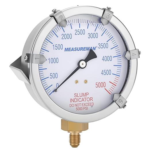 MEASUREMAN Concrete Pump Slump Indicator Gauge, 4 Inch Dial, 0-5000 PSI with 5 Adjustable Target Pointers, Glycerin Filled, 304 Stainless Steel Case, 7/16-20UNF Lower Mount