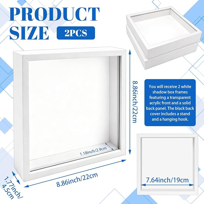 VOKOY 2 Pack 8" x 8" Shadow Box Frame, Wooden White Hollow Photo Frame - Image 2