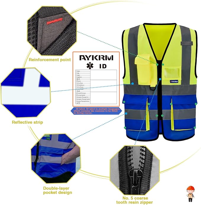 A-SAFETY High Visibility Safety Vest Reflective YELLOW BLUE Working Vest Yellow&Blue Color Mixed, M