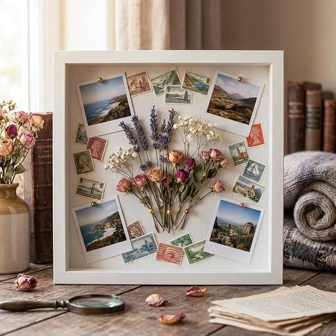 8x8 Shadow Box Frame with Linen Background & Metal Push Pins, Plexiglass Front - Image 5