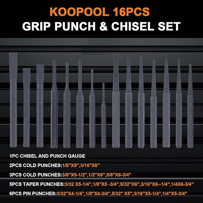 29-Piece Punch and Chisel Set with Cross Peen Hammer, Heavy Duty Punch and Chisel Set – Includes Cold Chisels, Taper Punches, Pin Punches, Center Punches & Roll-Up Pouch (29pcs)