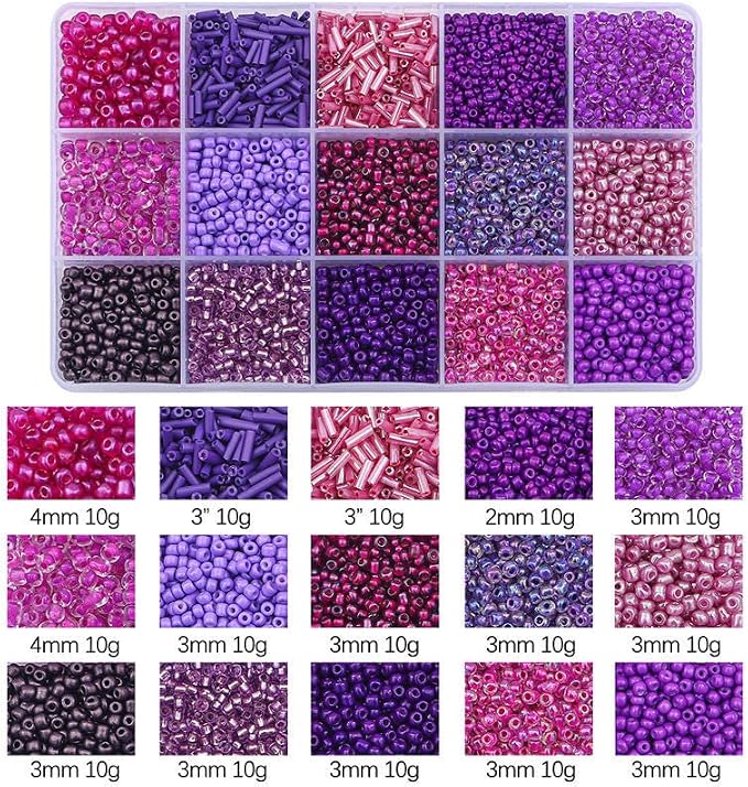 15 Grid Purple Glass Seed Bugle Tube Beads Kit - Image 2