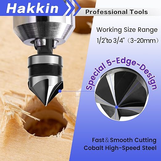Deburring External Chamfer Tool with Tungsten Carbide Blade, Hakkin 5Pcs Remove Burr Tools with Quick Release Shank, Deburring Drill Bit Set Fits for 1/8"- 3/4" (3mm-20mm) Stainless Steel Countersink