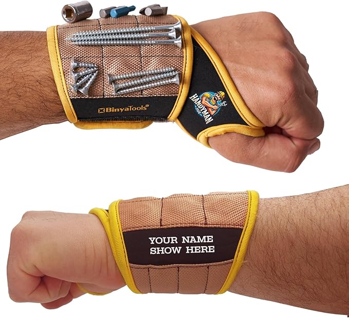 BINYATOOLS Magnetic Wristband -With Super Strong Magnets Holds Screws, Nails, Drill Bit Unique Wrist Support Design Cool Handy Gadget Gift for Fathers, Boyfriends, Handyman (Coyote Brown Personalized)