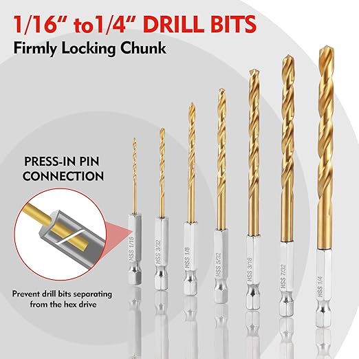 WORKPRO 9-Piece 1/4" Hex Shank Drill Bit Set, Titanium Plating HSS Drill Bits from 1/16" to 3/8" for Metal, Steel, Wood, PVC, Quick Change Design