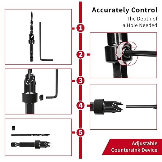 Countersink Drill Bits, 15 PCS Adjustable Tapered HSS Drill Bit Set for Woodworking, with Nitrided Surface, Wood Plug Cutters 1/4" Hex Shank Quick Change, for Wood Drilling with Storage Box