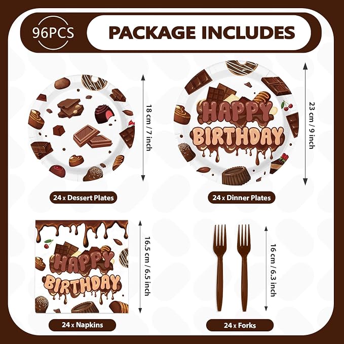 96 Pcs Chocolate Birthday Party Decoration Sweet Chocolate Plates and Napkins - Image 2