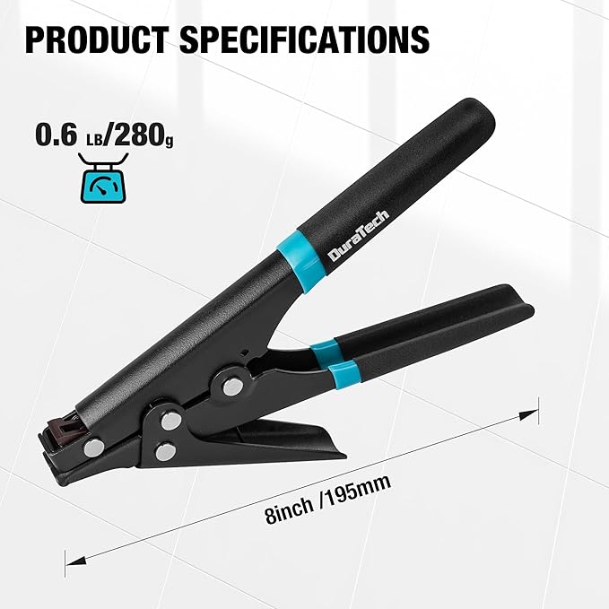 DURATECH 8-inch Zip Tie Tool, Ergonomic Cable Tie Gun for Fastening and Cutting Plastic or Nylon, Tensioning and Cutting Tool for Cable Management