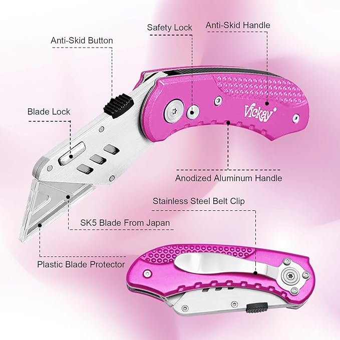 Vickay Folding Utility Knife, Box Cutter with 5 SK5 Quick Change Blades, Safety Axis Lock Design Razor Knife, Lightweight Aluminum Handle Belt Clip for Office Home Artcraft (Hot Pink)