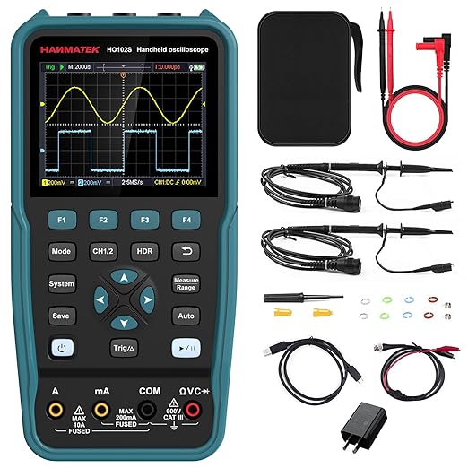 HANMATEK 3 in 1 Handheld Oscilloscope Multimeter 100Mhz Waveform Generator Oscilloscope with 2 Channels 3.5"TFT, HO102S Professional oscilloscope Multimeter with Memory Function