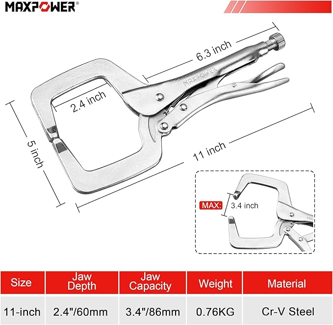 MAXPOWER 11-inch Locking C Clamp, Heavy Duty C-Clamp Locking Pliers with Regular Tips for Welding