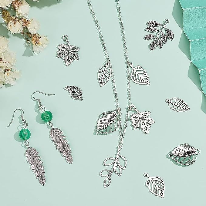 PH PandaHall 150pcs Tree Leaf Charms, 15 Style Filigree Metal Leaf Pendants - Image 2