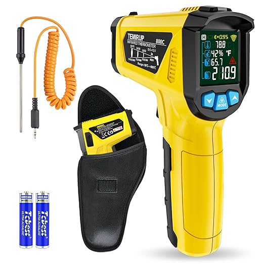 Infrared Thermometer Gun, TEMIRUP Digital Laser Temperature Gun - Non Contact IR Temp Gun with Adjustable Emissivity & Thermocouple Probe for Cooking, Pizza Oven, Griddle, HVAC (-58°F to 1472°F)