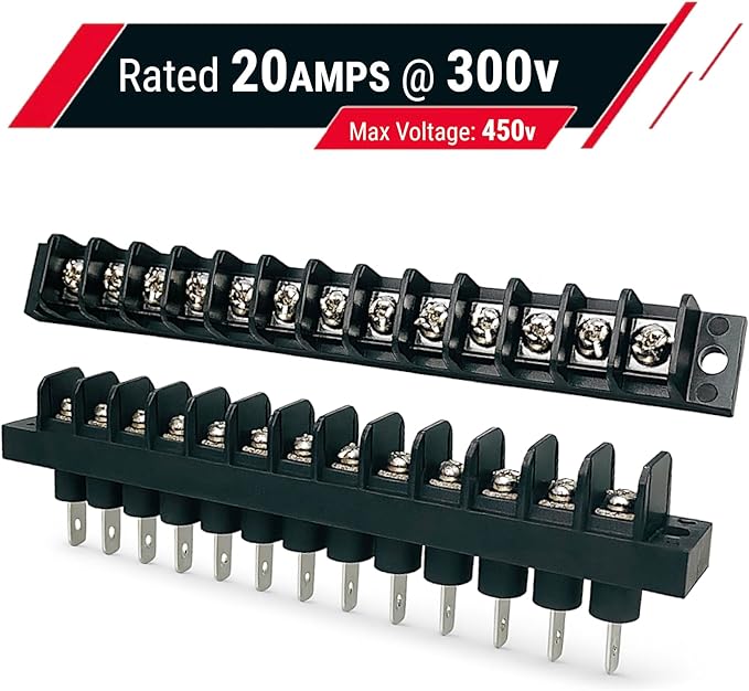 MGI SpeedWare Single Row Screw Terminal Junction Block 300V/20A, Through-Panel Barrier Strip 2-Pack (13 Screw)
