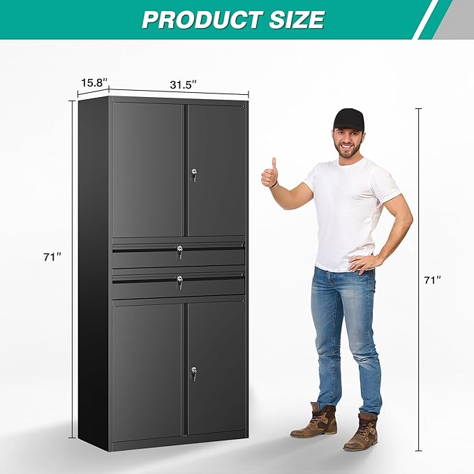 Metal Storage Cabinet with Drawer and Locks,Black Garage Storage Cabinet with Locking Doors and Adjustable Shelves,71" Tall Large Metal Cabinets with Magnetic Door for Home,Office,Garage