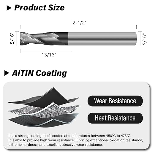 5/16" Micrograin Carbide Square End Mill Set 2 Flute HRC 55 AlTiN Coating End Milling Bits for Milling Alloy Steels, Hardened Steel, CNC Router Bits