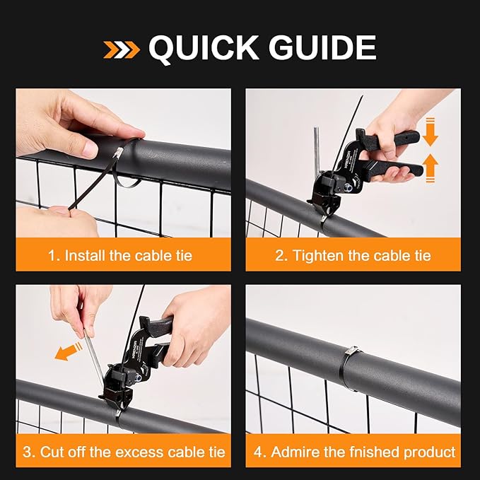 Stainless Steel Cable Tie Gun Kit：With 300pcs Uv Resistant Black Metal Zip Ties Heavy Duty Outdoor (150 Each of 8, 12 Inch) Adjustable Fastening Cutting Tie Tool Sets，for Chainlink Fence，Exhaust Wrap