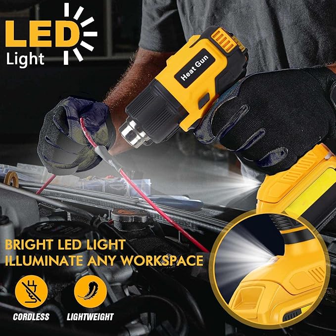 Compatible with Cordless Heat Gun Dewalt 20V Battery,LED Light,350W Fast Heating Hot Air Gun 122℉-1022℉ Variable Temperature Control,5 Nozzle for Craft Shrinking PVC Stripping Paint-No Battery
