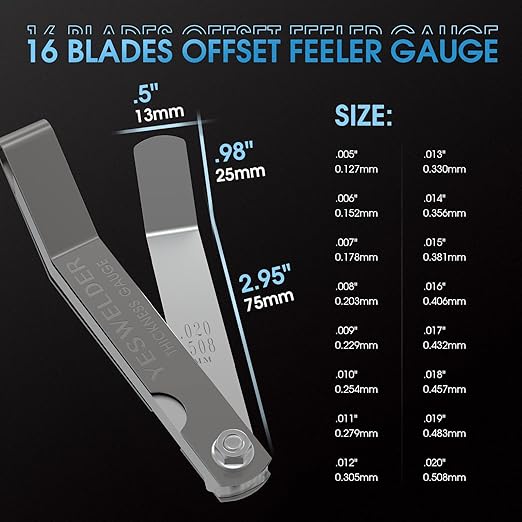 YESWELDER Thickness Gauges 2Pcs 32 Blades Feeler Gauge 0.0015-0.035"/16 Pieces Offset Feeler Gauge Set 0.005-0.020", Dual Marked Gap Measuring Tool Kit for Repair, Bass Guitar, Spark Plugs