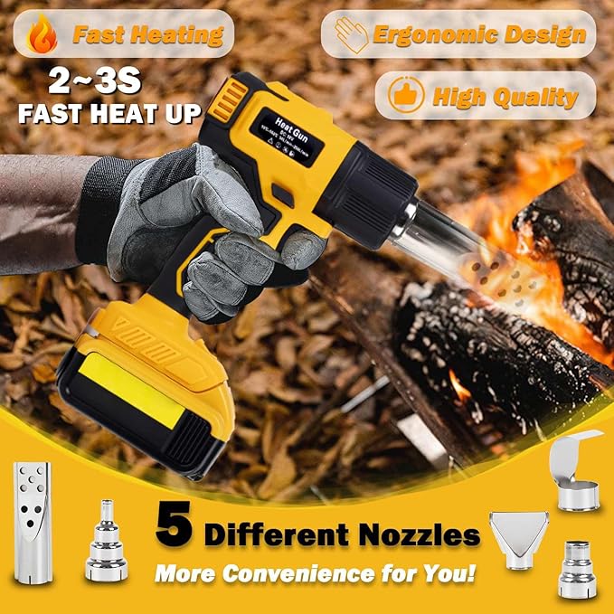 Compatible with Cordless Heat Gun Dewalt 20V Battery,LED Light,350W Fast Heating Hot Air Gun 122℉-1022℉ Variable Temperature Control,5 Nozzle for Craft Shrinking PVC Stripping Paint-No Battery