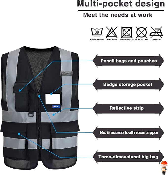 A-SAFETY 7 Pockets Hi Viz Zipper Front Working Safety Vest with Reflective Strips, Multiple Colors Available, Black M
