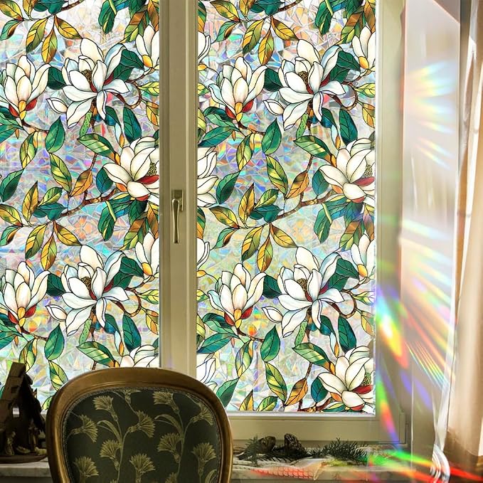 Retro Flower Window Privacy Film, Stained Glass Decals White Mangnolia Privacy - Image 3
